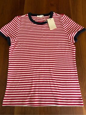 DOEN VIVI Tee Rouge Nantucket Stripe Red & White Navy Trim Size XL NWT